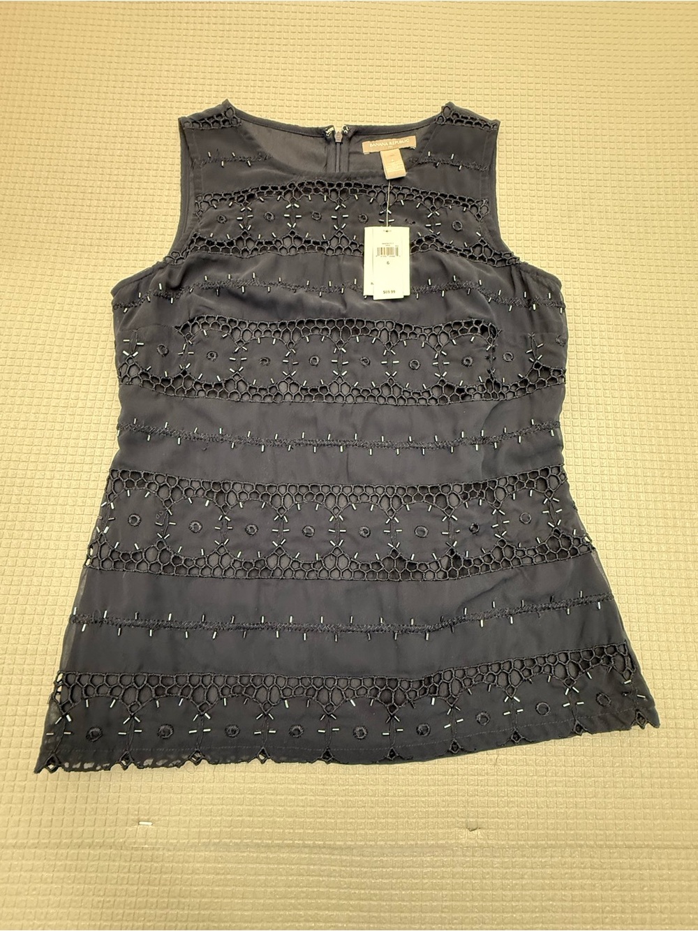 NWT Banana Republic Navy Blue Beaded Crochet Sleeveless Top Blouse - Size 6